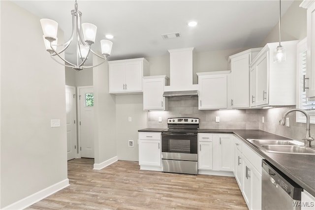 kitchen featuring sink, stainless steel appliances, premium range hood, pendant lighting, and white cabinets