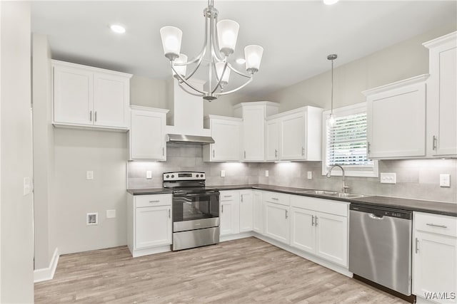 kitchen featuring appliances with stainless steel finishes, light wood-type flooring, sink, white cabinetry, and hanging light fixtures