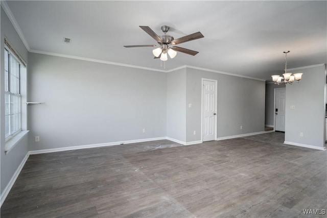 unfurnished room featuring visible vents, baseboards, crown molding, ceiling fan with notable chandelier, and dark wood-type flooring