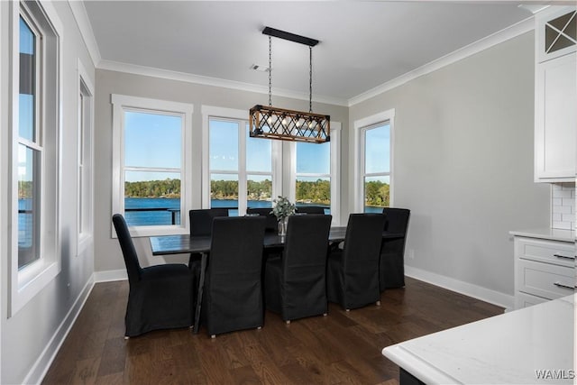 dining space with ornamental molding and dark hardwood / wood-style floors