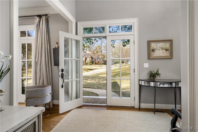 doorway to outside with baseboards, wood finished floors, and french doors