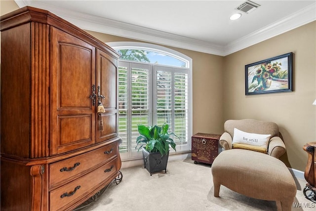2940 Lake Crest Dr, Tuscaloosa, AL 35406 - sitting room with light colored carpet, crown molding, and recessed lighting