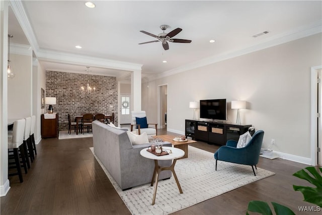 13982 Knoll Pointe Dr, Northport, AL 35475 - living room featuring ceiling fan, baseboards, wood finished floors, ornamental molding, and brick wall