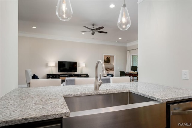 13982 Knoll Pointe Dr, Northport, AL 35475 - kitchen featuring a sink, dishwasher, recessed lighting, ornamental molding, and light stone countertops