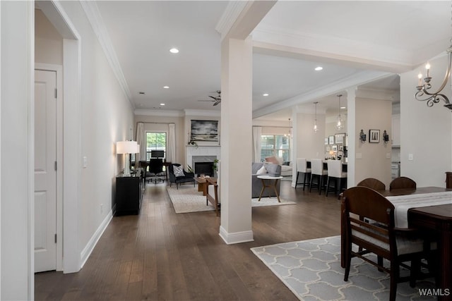 13982 Knoll Pointe Dr, Northport, AL 35475 - dining room with dark wood-type flooring, recessed lighting, crown molding, baseboards, and ceiling fan