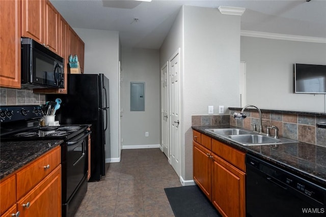 600 13th St E Unit 735, Tuscaloosa, AL 35401 - kitchen featuring black appliances, a sink, tasteful backsplash, electric panel, and baseboards