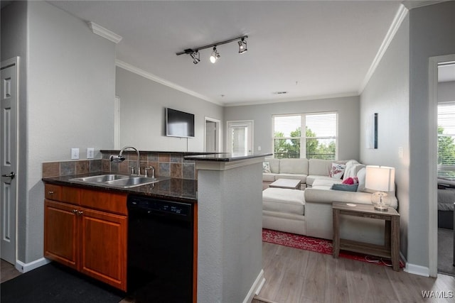600 13th St E Unit 735, Tuscaloosa, AL 35401 - kitchen with black dishwasher, a sink, light wood-style floors, plenty of natural light, and ornamental molding