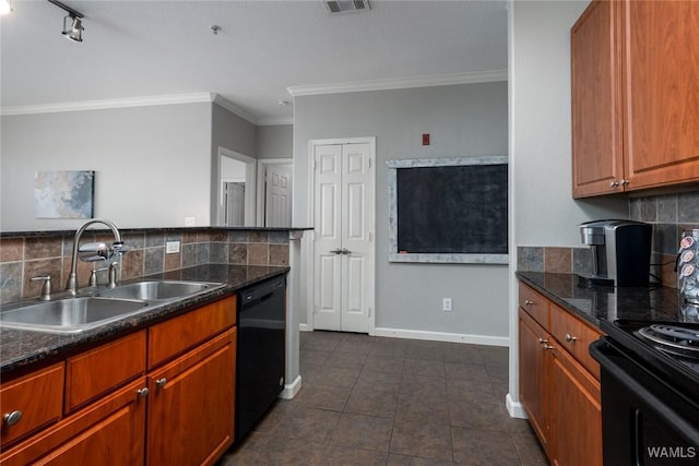 600 13th St E Unit 735, Tuscaloosa, AL 35401 - kitchen with dishwasher, a sink, tasteful backsplash, dark tile patterned flooring, and crown molding