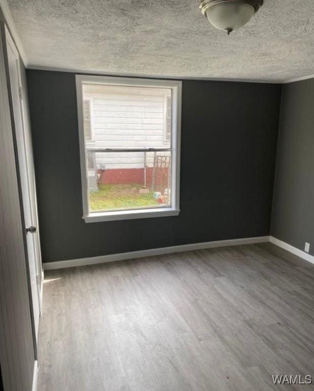 empty room with wood-type flooring and a textured ceiling