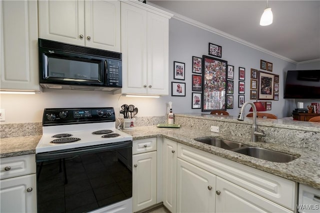 kitchen with white cabinets, white range with electric stovetop, ornamental molding, and sink