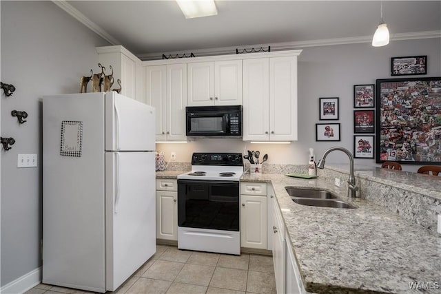 kitchen with white cabinetry, sink, crown molding, pendant lighting, and white appliances