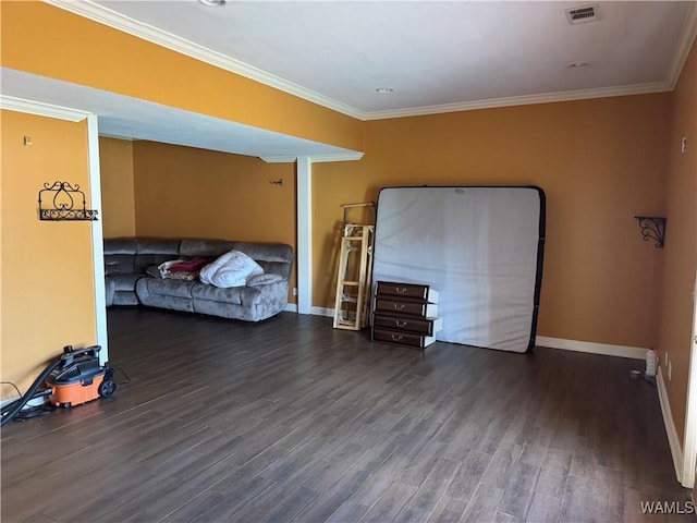 bedroom featuring dark wood-type flooring and ornamental molding