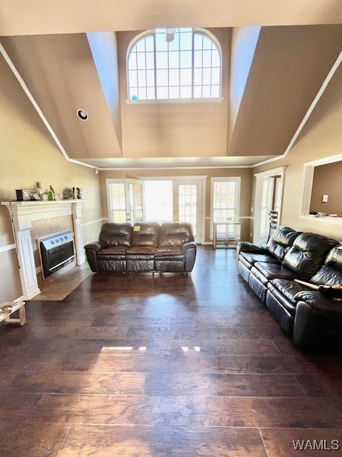 living room with dark hardwood / wood-style flooring and a high ceiling