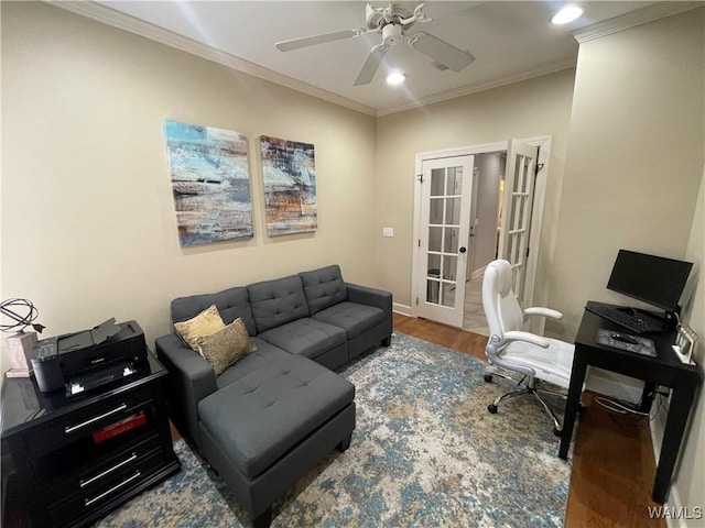 office space with french doors, recessed lighting, ornamental molding, ceiling fan, and wood finished floors