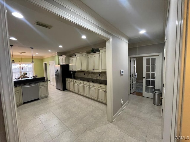 kitchen with visible vents, stainless steel dishwasher, dark countertops, and refrigerator with ice dispenser