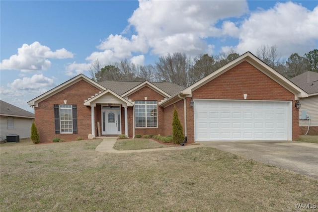 ranch-style house with a garage, central AC, brick siding, concrete driveway, and a front lawn