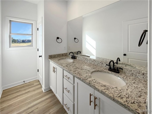 bathroom with double vanity, a sink, and wood finished floors