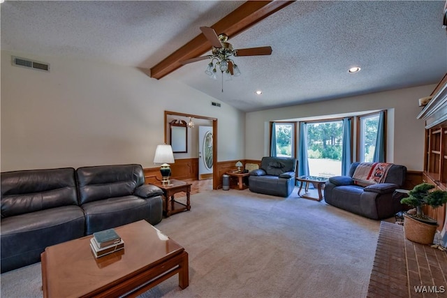 3541 Oak Bend Rd, Tuscaloosa, AL 35406 - carpeted living room featuring a textured ceiling, wainscoting, ceiling fan, and recessed lighting