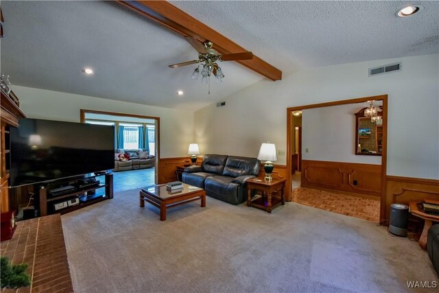 3541 Oak Bend Rd, Tuscaloosa, AL 35406 - carpeted living area featuring wainscoting, ceiling fan, a textured ceiling, recessed lighting, and wooden walls