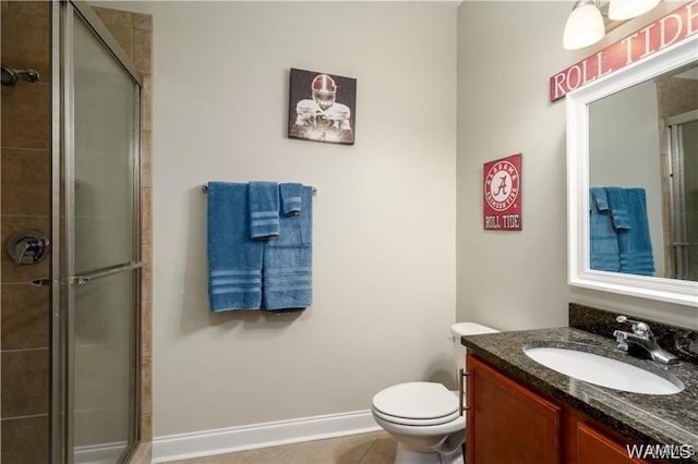 bathroom featuring tile patterned floors, toilet, an enclosed shower, and vanity