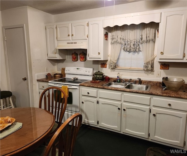 kitchen featuring white cabinets, a textured ceiling, electric range, and sink