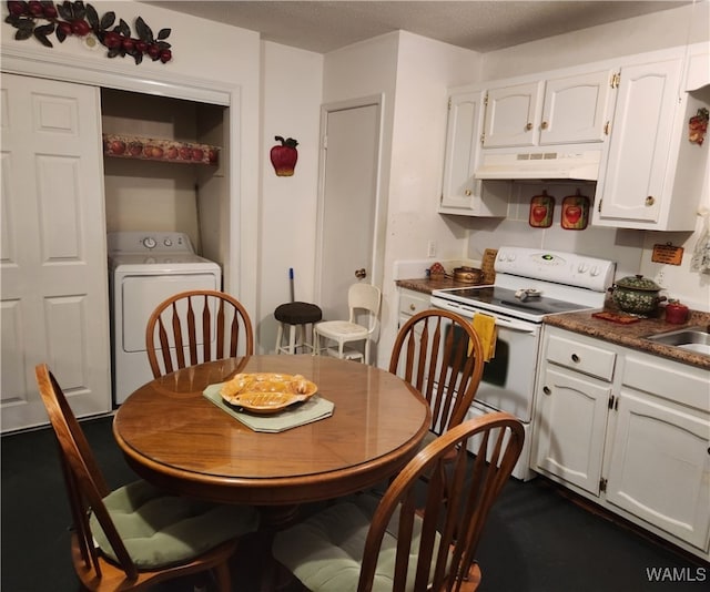 kitchen featuring a textured ceiling, sink, electric stove, washer / clothes dryer, and white cabinetry