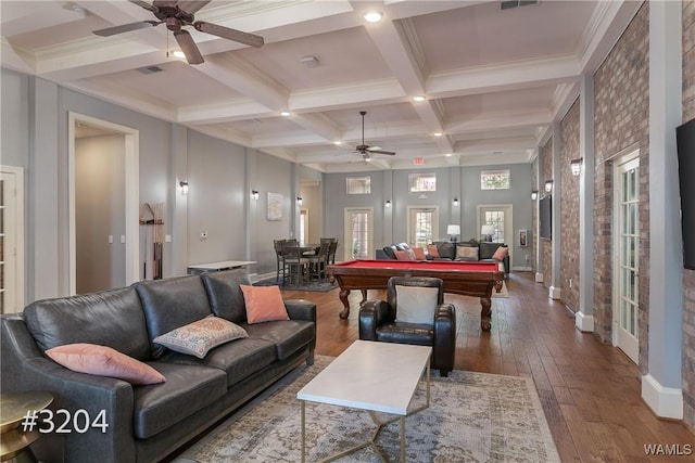 rec room featuring beamed ceiling, ceiling fan, billiards, and coffered ceiling