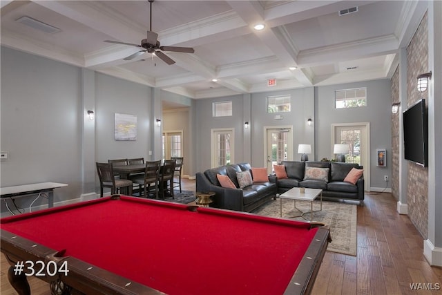 playroom with visible vents, a ceiling fan, beam ceiling, hardwood / wood-style flooring, and billiards