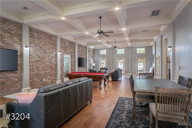 interior space with pool table, a ceiling fan, beam ceiling, and visible vents
