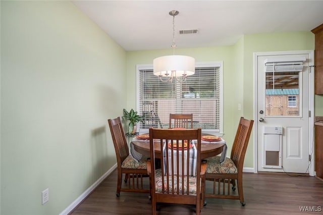 dining space with a wealth of natural light, dark wood-type flooring, visible vents, and baseboards