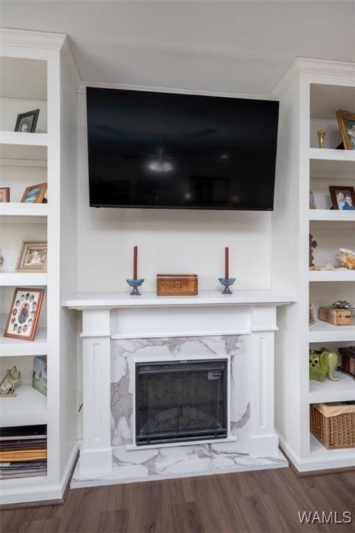 interior details with built in shelves, a fireplace, and wood finished floors