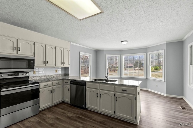 kitchen featuring dark wood-style flooring, appliances with stainless steel finishes, ornamental molding, a sink, and a peninsula