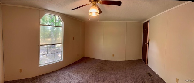 4247 W Ashby Rd, Brierfield, AL 35035 - unfurnished room featuring a textured ceiling, carpet, ornamental molding, ceiling fan, and a decorative wall