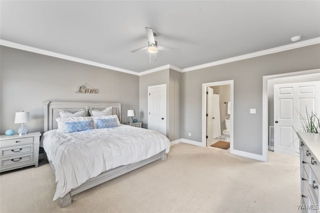 20892 Sharon Dr, Lake View, AL 35111 - bedroom featuring light colored carpet, crown molding, a ceiling fan, ensuite bath, and baseboards