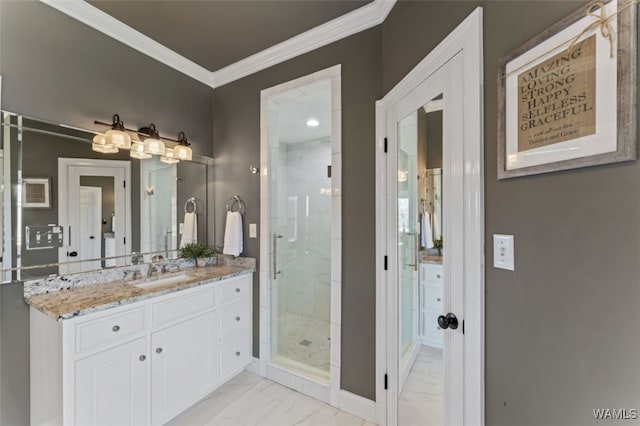 20892 Sharon Dr, Lake View, AL 35111 - bathroom with marble finish floor, crown molding, vanity, and a shower stall
