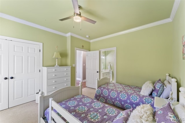 20892 Sharon Dr, Lake View, AL 35111 - bedroom featuring carpet flooring, ornamental molding, a closet, and ceiling fan
