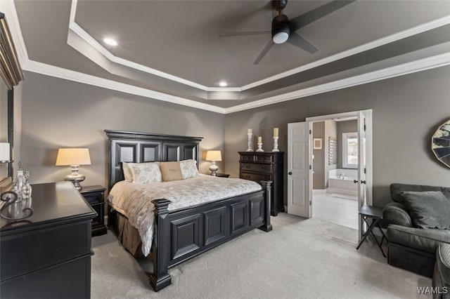 20892 Sharon Dr, Lake View, AL 35111 - bedroom with light colored carpet, crown molding, ensuite bathroom, and a raised ceiling