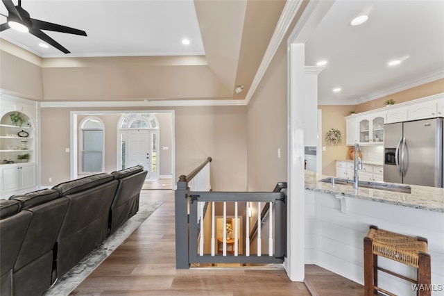 20892 Sharon Dr, Lake View, AL 35111 - interior space with light wood-type flooring, recessed lighting, ceiling fan, and ornamental molding