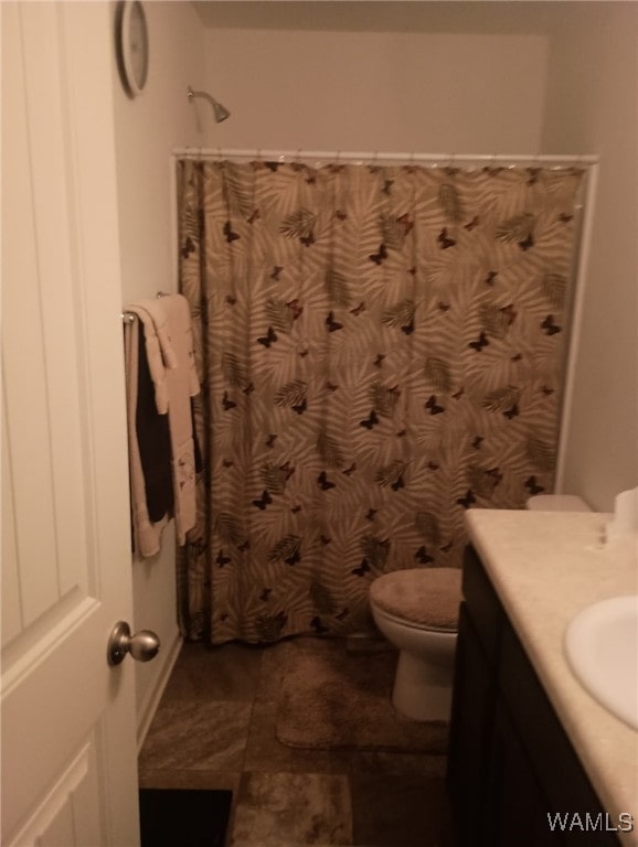 full bath with vanity, toilet, and a shower with curtain