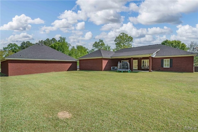 rear view of house featuring a lawn, brick siding, and a trampoline