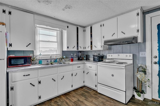 kitchen with light countertops, a sink, under cabinet range hood, and white electric range oven