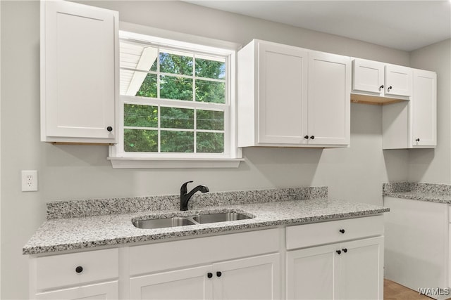 kitchen with light stone countertops, white cabinetry, and sink