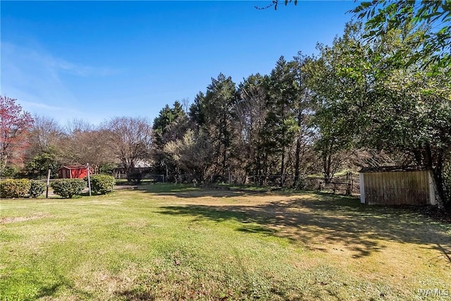 view of yard featuring a storage shed and an outdoor structure