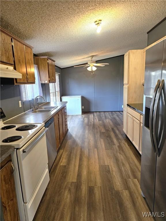 kitchen with a textured ceiling, sink, stainless steel appliances, and range hood