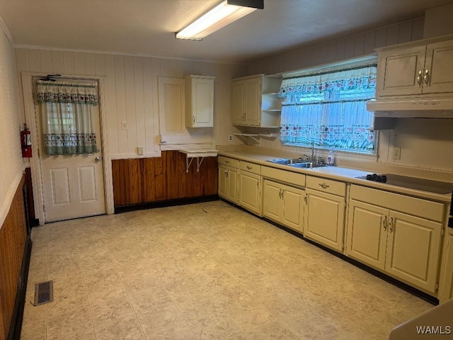 kitchen featuring sink, crown molding, wooden walls, and black electric stovetop