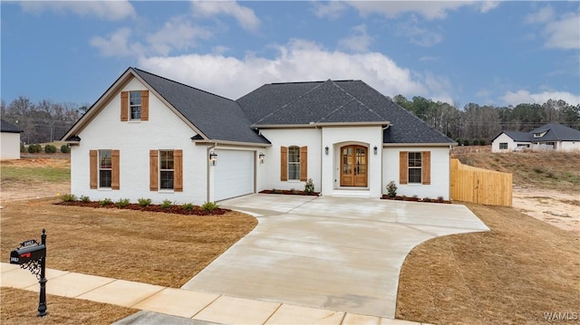 view of front of property featuring a garage, driveway, a shingled roof, and fence