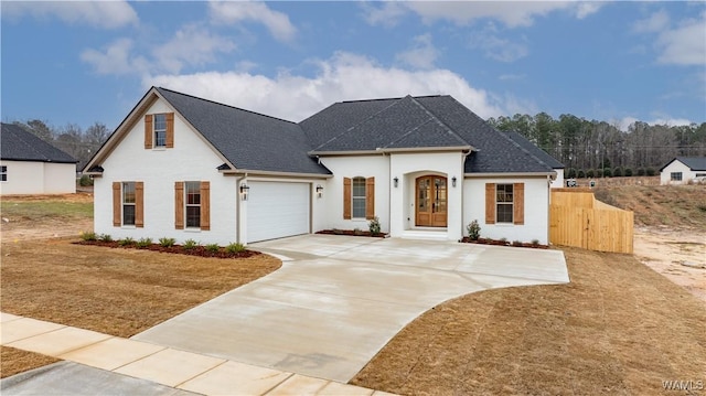 view of front of home featuring a garage, a shingled roof, fence, driveway, and a front lawn