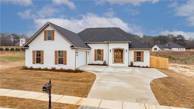 french country home with an attached garage, a shingled roof, brick siding, fence, and concrete driveway