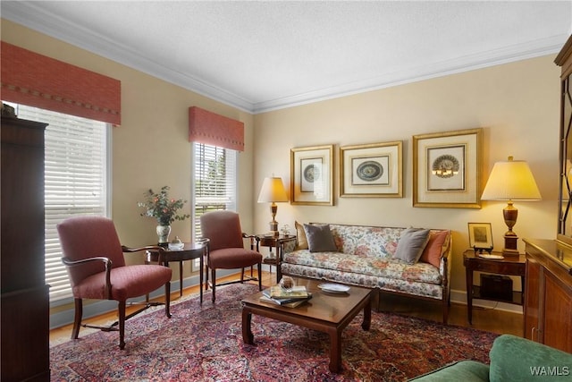 living area with ornamental molding, hardwood / wood-style floors, and a textured ceiling