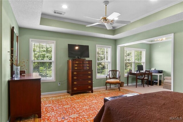 bedroom featuring ceiling fan, multiple windows, and a raised ceiling